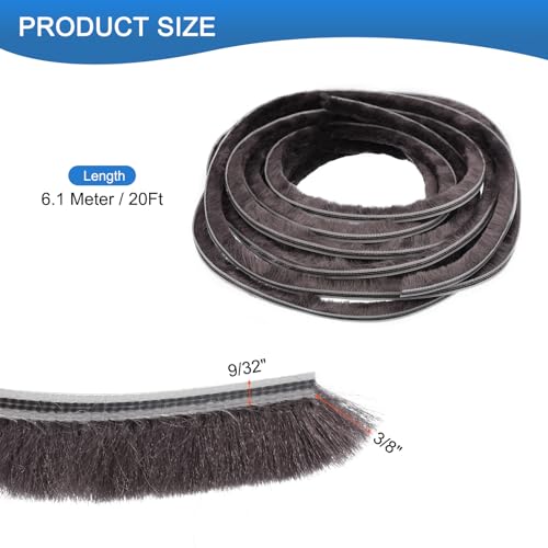 Brush Seal Weather Stripping, 9/32" x 3/8" x 20ft Card Slot Door Brush Strip for PVC Sliding Sash Door Window and Wardrobe Seal - Non-Adhesive Backing - size: 20Ft x 9/32" Backing x 3/8" Brush