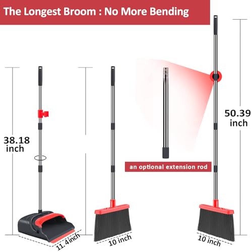 Upgrade Broom and Dustpan Set, Broom with Dustpan Combo Set, Large Size and with Long Handle, Upright,Ideal for Indoor Outdoor Garage Kitchen Room Office Lobby Use (Black&Red) - color: Black&red