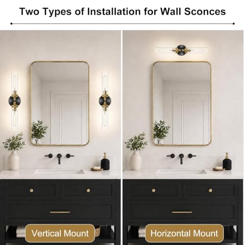 LaLuLa 2-Pack Hardwired Black and Gold Bathroom Vanity Light Fixtures – Modern 2-Light Wall Sconces with Knurled Texture and Clear Glass Shades, Bathroom Lighting Fixtures Over Mirror, 25 Inch - color: Clear Glass-Black&Gold, size: 2 Pack