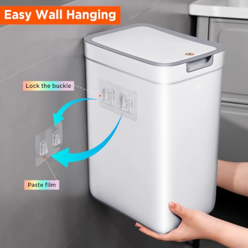 funest 2 Pack Slim Wall Mount Trash Can with Lid, No Drill Hanging Small Garbage Bin for Bathroom Kitchen, Dual Use Floor Standing Narrow Odor Block Press Top Waste Basket for RV Office Bedroom
