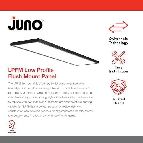Juno Low Profile Flush Mount Flat Panel Ceiling Light, 3-in-1 Switchable LED Panel Light with Direct Mount Bracket, 1-Foot by 4-Foot, Interchangable Black and White Trim