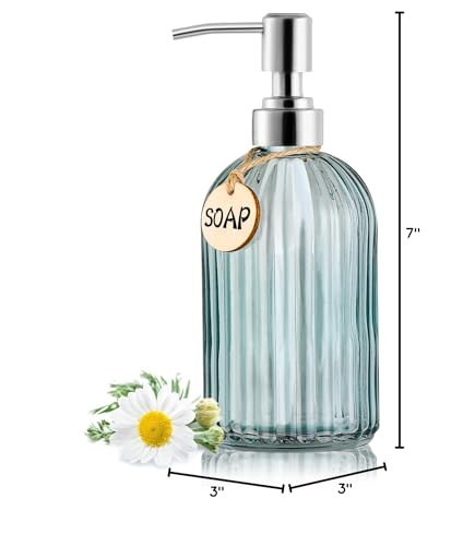MOCLIF 16OZ Fashion Stripe Clear Glass Refillable Soap Dispenser with 304 Stainless Steel Pump Premium Soap Dispenser, for Kitchen, Bathroom, Hand Sanitizer, Liquid Soap, Lotion, etc. (Clear Blue) - color: Light Blue