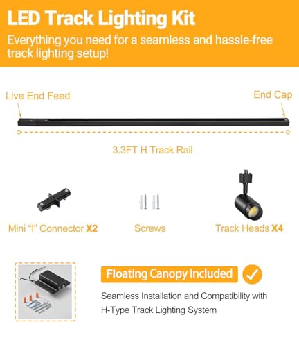 5 Color Zoomable 4-Light LED Track Lighting Kit with 3.3FT H Track Lighting Rail & Floating Canopy Connector, Modern Kitchen Track Lighting Fixtures Ceiling Spotlight, 12W Track Heads Black - color: Black, size: 4 Lights