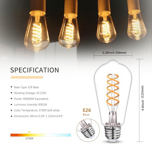 12 PCS ST58 Dimmable Spiral Vintage E26 LED Bulb 60 Watt LED Edison Bulbs - color: 2700k 12pack