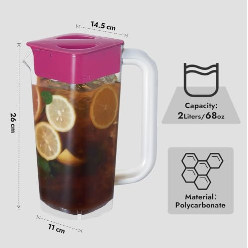 CURTA 1 Pack 2 Liters/68 oz Plastic Pitcher with Lid & Handle for Kitchen,ICED JUICE and Coffee Carafe Beverage Serveware, Acrylic Water Jug for Hot/Cold Drinks&lemonade - color: Red