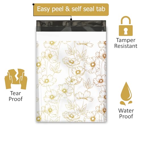 10x13 (100) Gold Floral Summer Designer Poly Mailers Waterproof Self Sealing Tear Resistant Polymailers Shipping Envelopes Premium Printed Bags For Small Businesses - color: Gold Floral, size: 10x13 inches