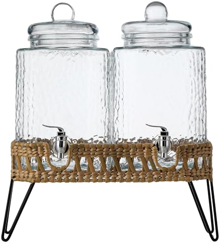 Beverage Dispensers - Set of 2 Glass Drink Dispensers with Metel Stand - 1.5-Gallon Capacity - Perfect for Lemonade, Juice, Water, Iced Tea, Punch (Wicker Design-Clear) - color: Clear-Wicker Design