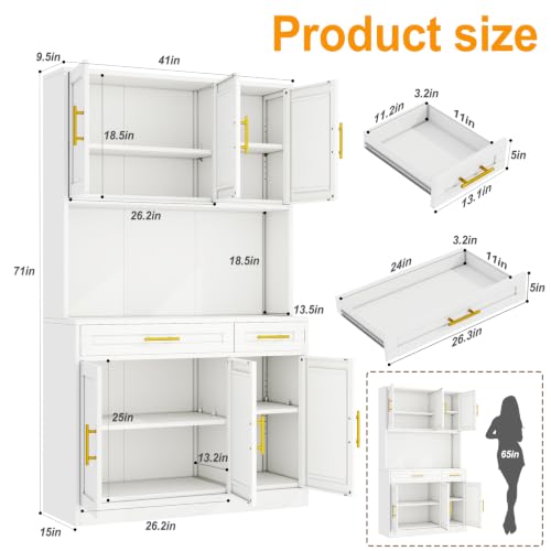 GAIOUS 71" Metal Kitchen Pantry Cabinet, Buffet Sideboard with Drawers - color: White, size: 15"D x 41"W x 71"H
