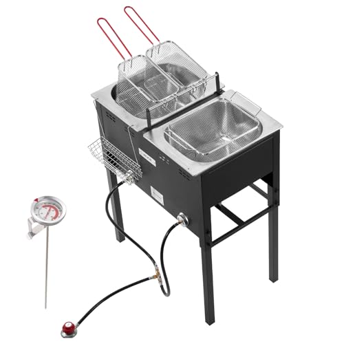 VEVOR Outdoor Propane Deep Fryer, Dual-Tank 16QTx2 Large Capacity Commercial Fryer, Stainless Steel Fish Cooker with 3 Basket, Thermometer, Floor Standing Fryers for Catering Event Camping, 50,000 BTU - size: 32QT (16QTX2)