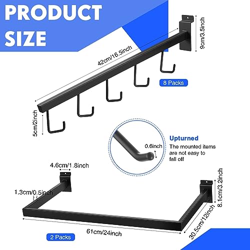Soaoo 10 Pcs Metal Slatwall Hooks Accessories Slat Wall Hanging Include 2 Pack U Shaped Hang Rail 8 Pack 5 Hook Waterfall for Clothing Home Garage Shop Retail Display, Black