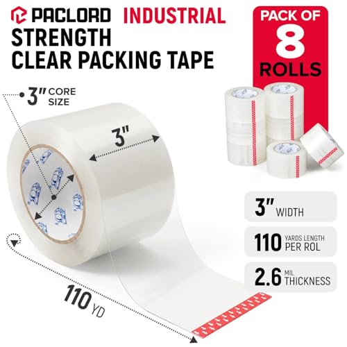 3" x 110 Yards Clear Packing Tape, Pack of 8 - Heavy-Duty 2.6 Mil Thick Carton Sealing Tape with Industrial Strength Adhesion for Packaging, Moving, or Shipping Boxes - size: 3" x 110 Yards, style: Pack of 8