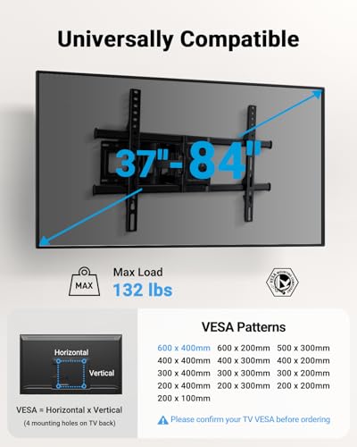 Pipishell Full Motion TV Wall Mount for Most 37-84 Inch TVs up to 132lbs - size: 37-84 Inch