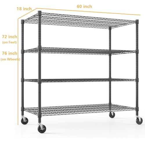 Himimi Storage Shelves with Wheels, 4-Tier Heavy Duty Steel Wire Rack Storage Shelving, Adjustable Metal Storage Shelves for Garage Kitchen Pantry Bathroom Laundry 18" D*60" W*72" H, Black - color: Black, size: 18"D×60"W×72"H, 4-Tier
