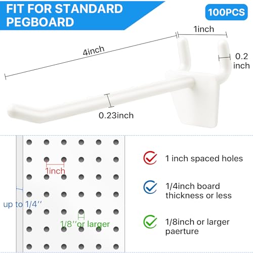 Supkiir 100Pcs Plastic Pegboard Hooks 4" Yellowish, Peg Board Shelving Hooks Suitable for 1/4 and 1/8 Pegboard, Pegboard Accessories for Kitchen Room Garage Office Tools Crafts Store Display
