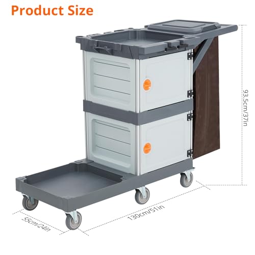 Heavy-Duty Commercial Janitorial Cleaning Cart with Dual Cabinets, 3 Storage Shelves, Vinyl Trash Bag & Smooth-Rolling Wheels – Professional Housekeeping Trolley for Hotels, Schools & Apartments - color: Grey