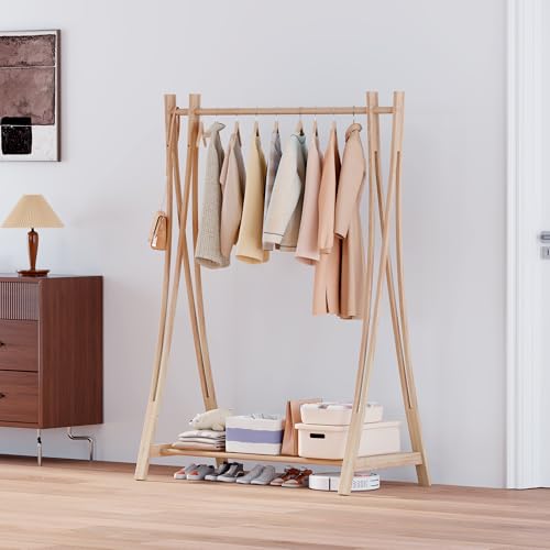 Wooden Retail Display Hanging Clothes Rack with Storage Shelf, 40" W x 57" H Freestanding Heavy Duty Clothing Drying Garment Rack for Hanging Clothes, Coat, Dress, Shirt, Hat - size: 40"W