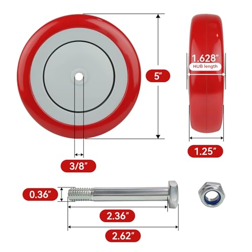 5" Wheels for Cart, 3/8" Axle Polyurethane Shopping Cart Wheels Replacement Casters 1200lbs Total Capacity (4-Pack 3/8" Bore, Red) - style: Red(3/8'' Bore)