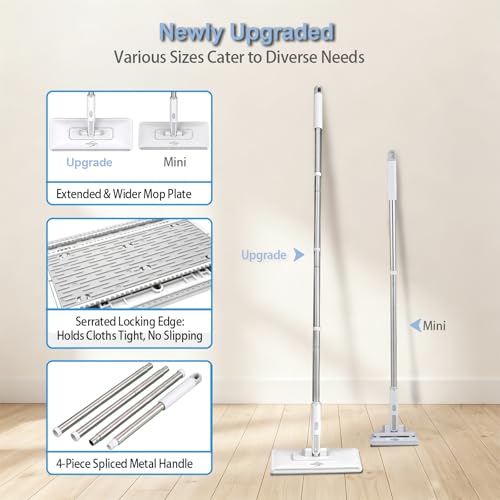 Pawnexa Mop,Clamp Mop,Hands Free Multi Purpose Flat Mops with Squeegee,Shark Tooth Grip for Any Cloth,Dry and Wet Use,Cleaning Mops for Whole House(40”Handle,6 Cloths) - size: 40inch