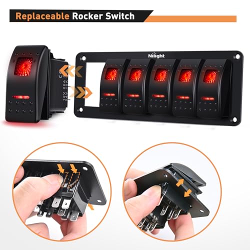 Nilight 6 Gang Rocker Switch Panel SPST On Off 5PIN Electrical Toggle Red - color: Red, size: 6 Gang