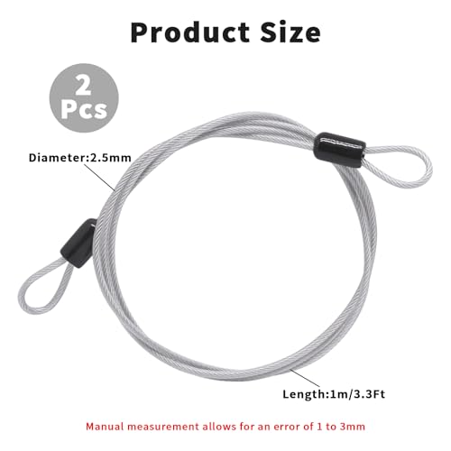 Cable Lock Double Loops 3.3Ft Long Silver Security Cables, Bike Locks Cables 2.5mm Braided Steel Coated Safety Cable Wire Rope for Luggage, Outdoor, Clothesline (2 Pack) - color: Silver, size: 3.3Ft (2 Pack)