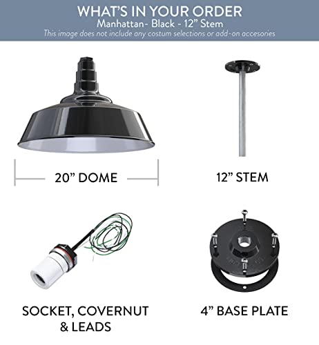 Industrial Pendant Light 20 Inch Extra Large Steel Warehouse Dome | Black - color: Black, size: 12" Stem