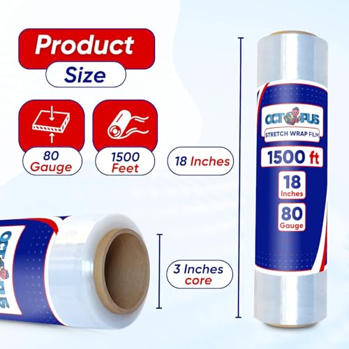 OCTOPUS Stretch Wrap, Industrial Strength 4 Roll Clear, 18” x 1500 feet, 80 Gauge (20 Micron), Heavy Duty Plastic Shrink Film for Packing, Wrapping, Bundling, Shipping, Pallets, and Moving Essentials