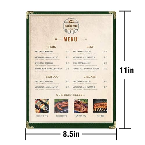 Goodsmart Restaurant Menu Covers - Green, 25 Pack, 8.5" x 11", 1-Page/2-View, Top-Loading Vinyl Menu Holders, Clear Sleeves, Double-Stitched Edge, Leather-Style Café Covers with Gold Corners - color: Green, size: 1 Page / 2 Views - 8.5" x 11"