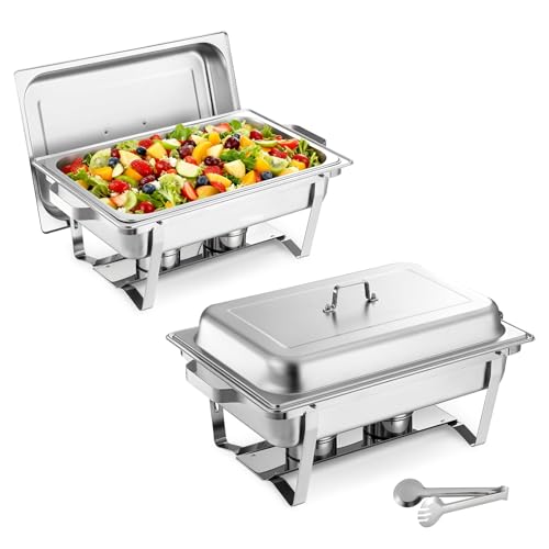 VEVOR Rectangle Chafing Dishes, 9 Qt 2 Pack Stainless Steel Chafing Dish, Food Warmer Chafer Complete Set with Hollow Handle, 1 Food Tongs, Lid, Canister Holder, Chafer Dishes for Banquet Wedding - size: 2 PACKS