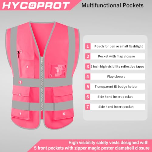 HYCOPROT High Visibility Safety Reflective Vest with Pockets and Zipper, Meets ANSI/ISEA Standards - color: Pink, size: 3X-Large