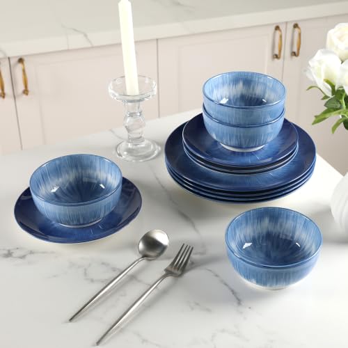 Sweejar Ceramic Dinnerware Service of 4,12 pcs Plate and Bowls for Kitchen - color: Blue, style: Service for 4 (12PCS)