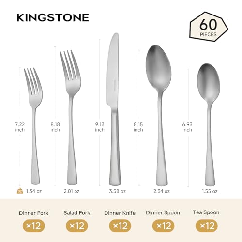 18/10 Flatware set for 12, 60 Piece Matte Stainless Steel Silverware Set - color: Matte Silver, size: 60-Piece