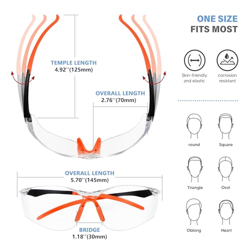 Clear Safety Glasses 6PK, Protective Eyewear UV Protection ANSI Z87.1 Crystal Clear Safety Goggles Scratch Impact Resistant Eye Protection with Soft Nose Pieces, Clear Lens Orange Temples - color: Clear Lens Orange Temples
