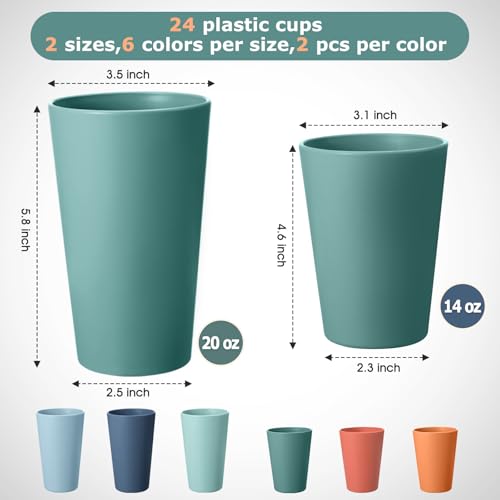HEYCOME 24 Pcs Unbreakable Plastic Cups Set, 12 Pcs 14 oz and 12 Pcs 20 oz Reusable Plastic Cups, Stackable Water Tumblers, Drinking Cup for Kitchen, BPA-free, Dishwasher and Microwave Safe, 6 Colors - color: 6-Dark Multicolor, size: 14+20 oz