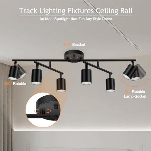 BoostArea 6 Light Track Lighting Kit, Black 6 Way Ceiling Spot Lighting, Center Swivel Track Light Heads, Flexibly Rotatable Light Head for Kitchen, Living Room, Bedroom, GU10 Bulb Not Included - color: Rotatable-6 Light-black