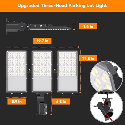 300W Upgraded LED Parking Lot Light with Photocell 45000lm 5000K, ETL, IP66 Waterproof Adjustable 3-Head Commercial Lighting Outdoor, Pole Mount, Flood Lights for Roadways, Driveways - color: pole, size: 300W