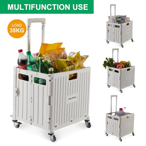 Foldable Utility Cart Folding Portable Rolling Crate Handcart with Durable Heavy Duty Plastic Telescoping Handle Collapsible 4 Rotate Wheels for Travel,Shopping, Luggage, Office, Teacher(White) - color: White