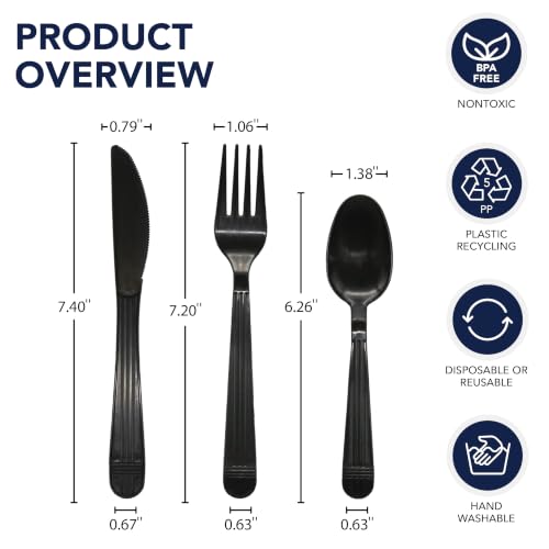 Party Essentials Individually Wrapped Black Plastic Utensil Sets/Heavy Duty Flatware Packs, Fork/Spoon/Knife, 100 Sets - size: Fork/ Spoon/ Knife