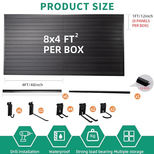 FRAYSCENT Slat Wall Paneling Garage Slat Wall Storage Systems Slatwall Panels Power Tool Organizer Wall Mount, PVC Garage Storage & Organization Products Slate Board (Black, 4ft x 8ft with 26 Hooks) - color: Black, size: 8x4ft(26hooks)