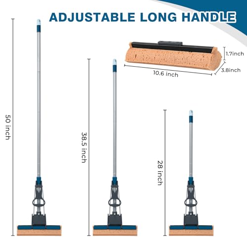 Sponge Mop for Floor Cleaning, 50" Heavy Duty Roller Mop with 4 Cellulose Refill Heads, Easy Self-Squeeze for Hardwood Tile Concrete, Wall Ceiling