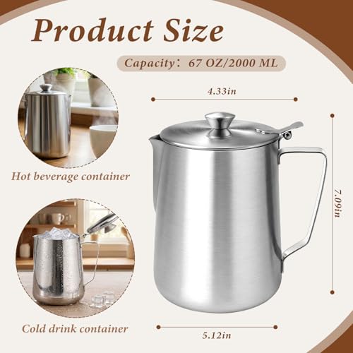 2 Pcs 67 Oz/ 2 L 304 Stainless Steel Pitcher with Lid Milk Frothing Jug - size: 67 Oz/ 2 L
