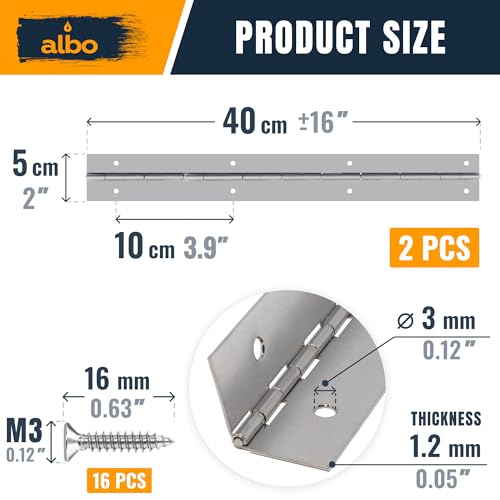 ALBO 16" x 2" Piano Hinge Stainless Steel 304, Silver, 2-Pack - color: Silver, size: 16 Inch