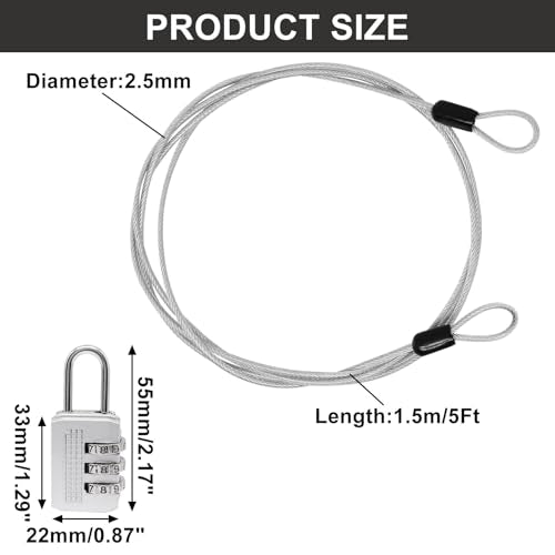 Cable Lock Double Loops 5Ft Long Silver Security Cable with Lock, Bike Locks Cables 2.5mm Braided Steel Coated Safety Cables Wire for Luggage, Outdoor, Clothesline (4 Pack) - color: Silver, size: 5Ft (4 Pack)