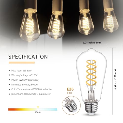 6 PCS ST58 Dimmable Spiral Vintage E26 LED Bulb 60 Watt LED Edison Bulbs - color: 4000k 6pack