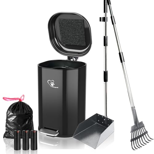 Dog Poop Trash Can Outsides, 18L/4.76 Gal Portable Waste Bin with Lid and Removable Inner Odor Control for Indoor Outdoor Dog Waste Station for Bathroom &Kitchen -with Pooper Scooper Set - color: Black-04