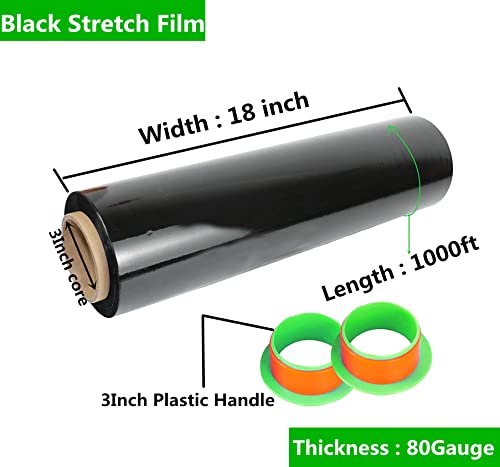 2-Pack Black Stretch Wrap 18" x 1000 Feet 80 Gauge Industrial Strength with Plastic Handle, Plastic Pallet Supplies Durable Self-Adhering for Packing, Moving, Heavy Duty Shrink Film Rolls - size: Black-2-Pack