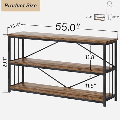 HSH Horizontal Bookshelf, Wood Metal Low Bookcase with Storage, Open 3 Tier Etagere Book Shelf for Office Bedroom Living Room, Rustic Brown, 55 Inch - color: Rustic Brown, size: 55 Inch