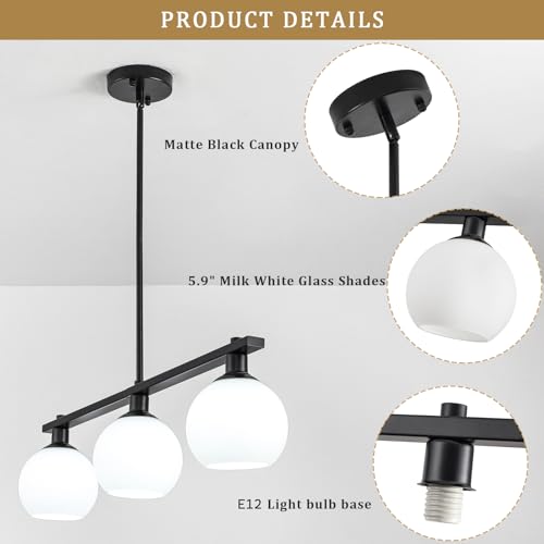 Kitchen Island Lighting 3 Lights Linear Pendant Light Fixtures With Milk Glass Shades Black Farmhouse Chandeliers for Dining Room Chandelier Over Table Mid Century Modern Hanging Light Fixture for Bar - color: 3 Light-Black