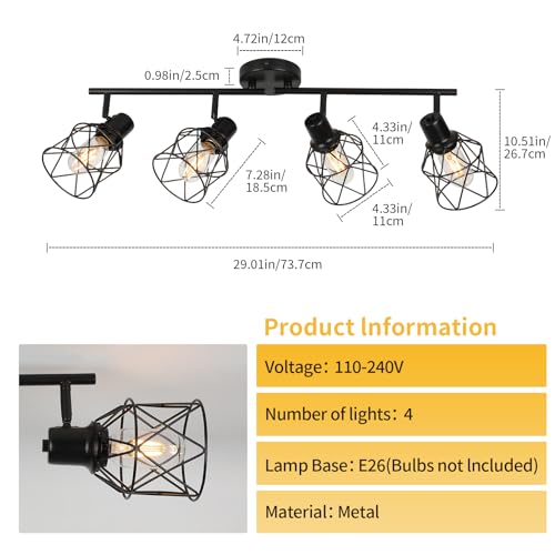 WILON Track Lighting Fixtures Ceiling 4-Light Flush Mount Ceiling Spot Lights, Industrial Track Light Black Kitchen Light Fixtures Rotatable Spotlight for Kitchen Hallway Living Room (E26 Base) - color: Black, size: 4-Light-Cage