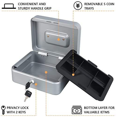 KYODOLED Medium Cash Box with Money Tray,Small Safe Lock Box with Key,Cash Drawer,7.87"x 6.30"x 3.54" Lightgrey Medium - color: Lightgrey, size: Medium