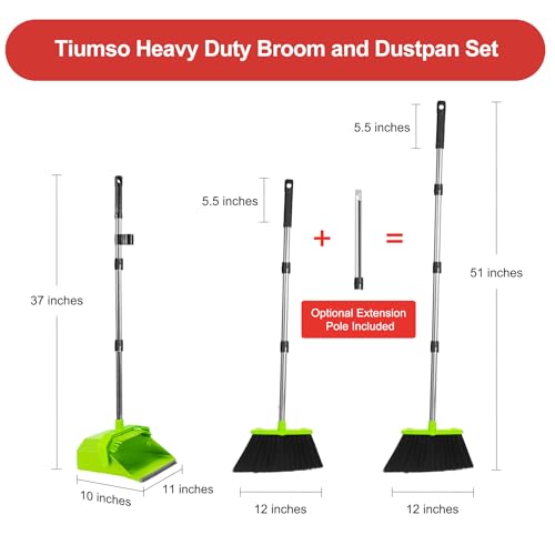 Broom and Dustpan Set for Home, 51" Long Handle Standing Pan Light Green - color: Green